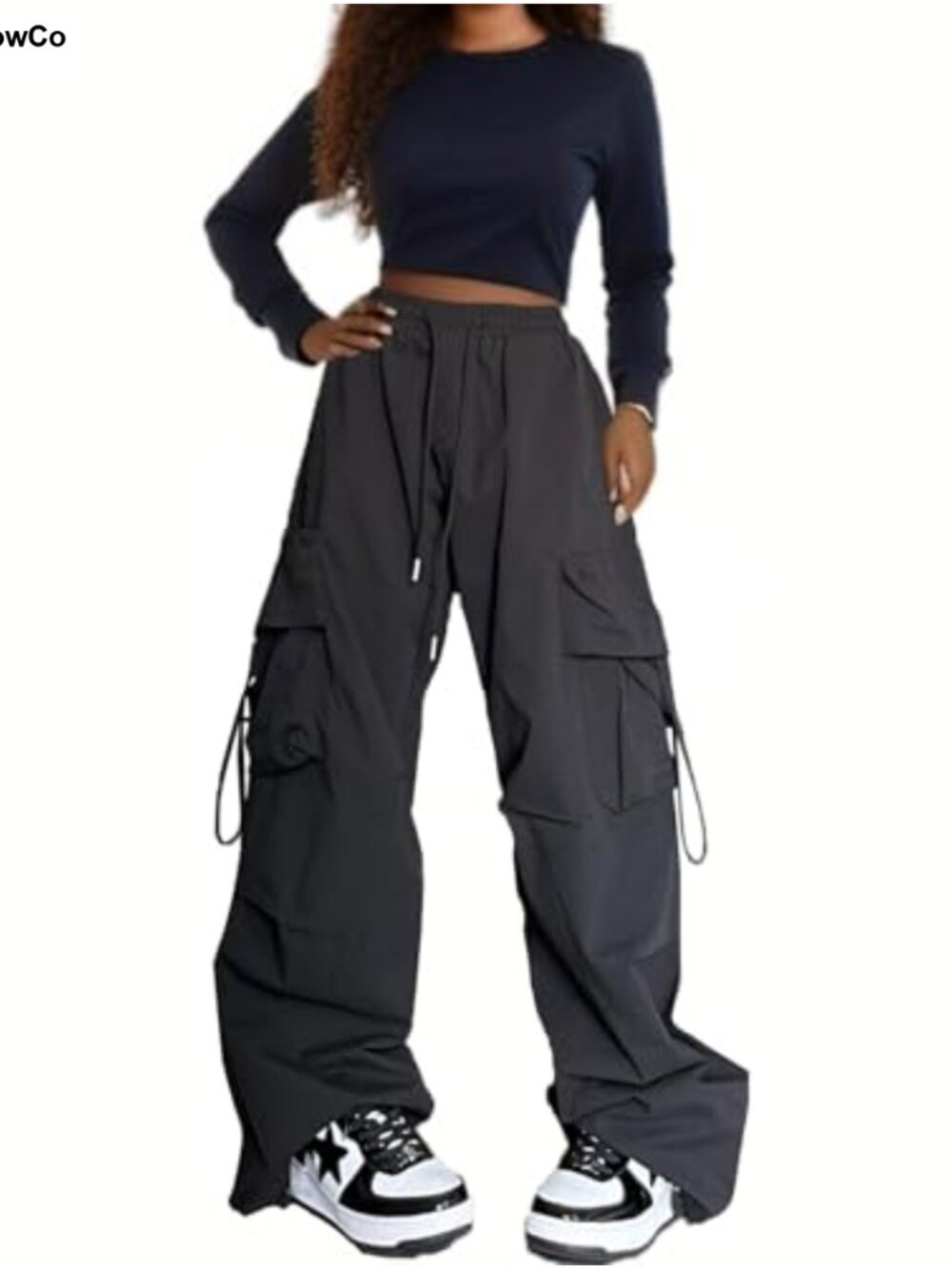 Wide Leg Parachute Cargo Pants Polyester Y2K Baggy